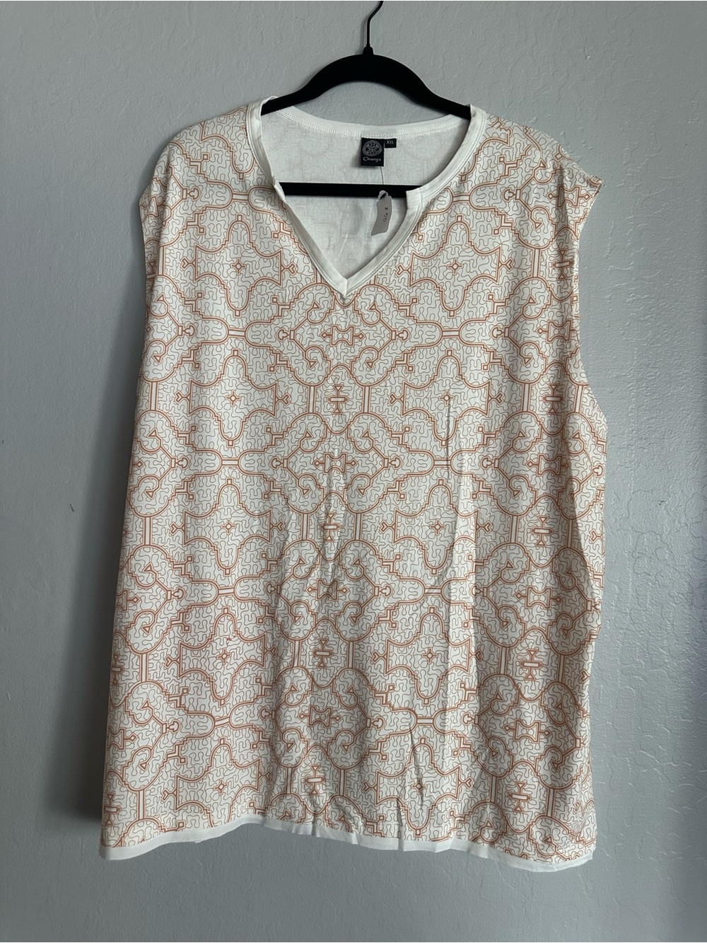 Cotton V-Neck Sleeveless Top in Ivory with Tan Pattern